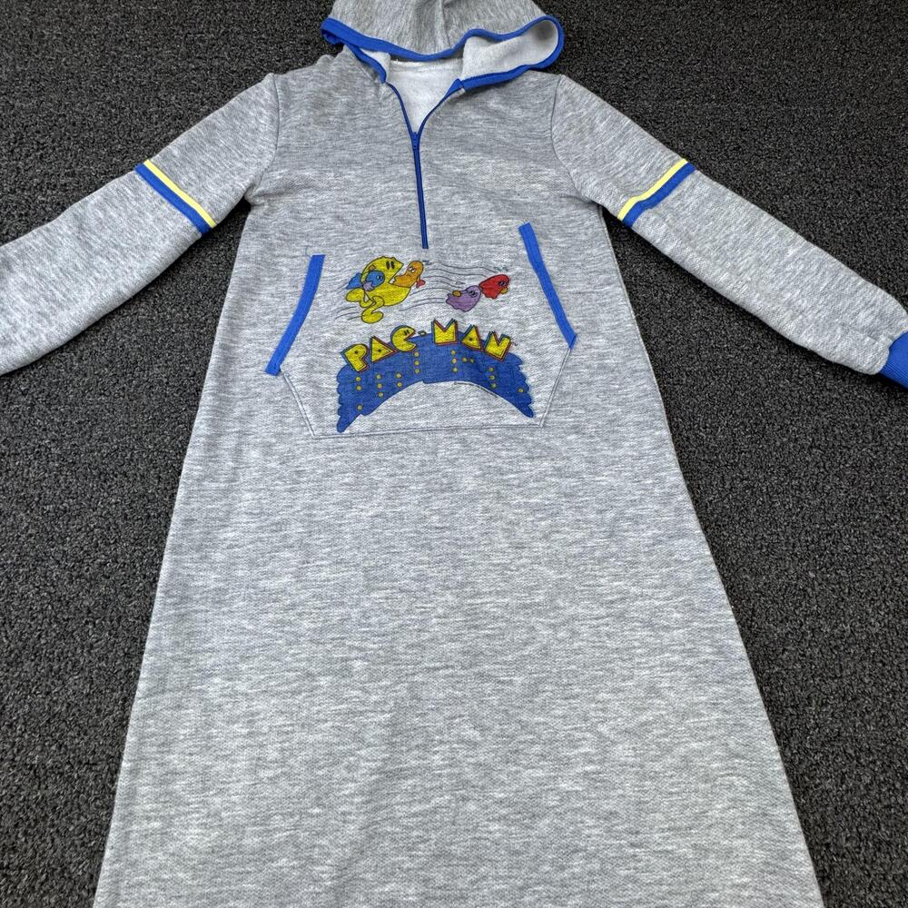 Vtg Pac-Man Gown Kids 8 Gray Hooded Fleece Zip 100% Polyester Graphic Winter